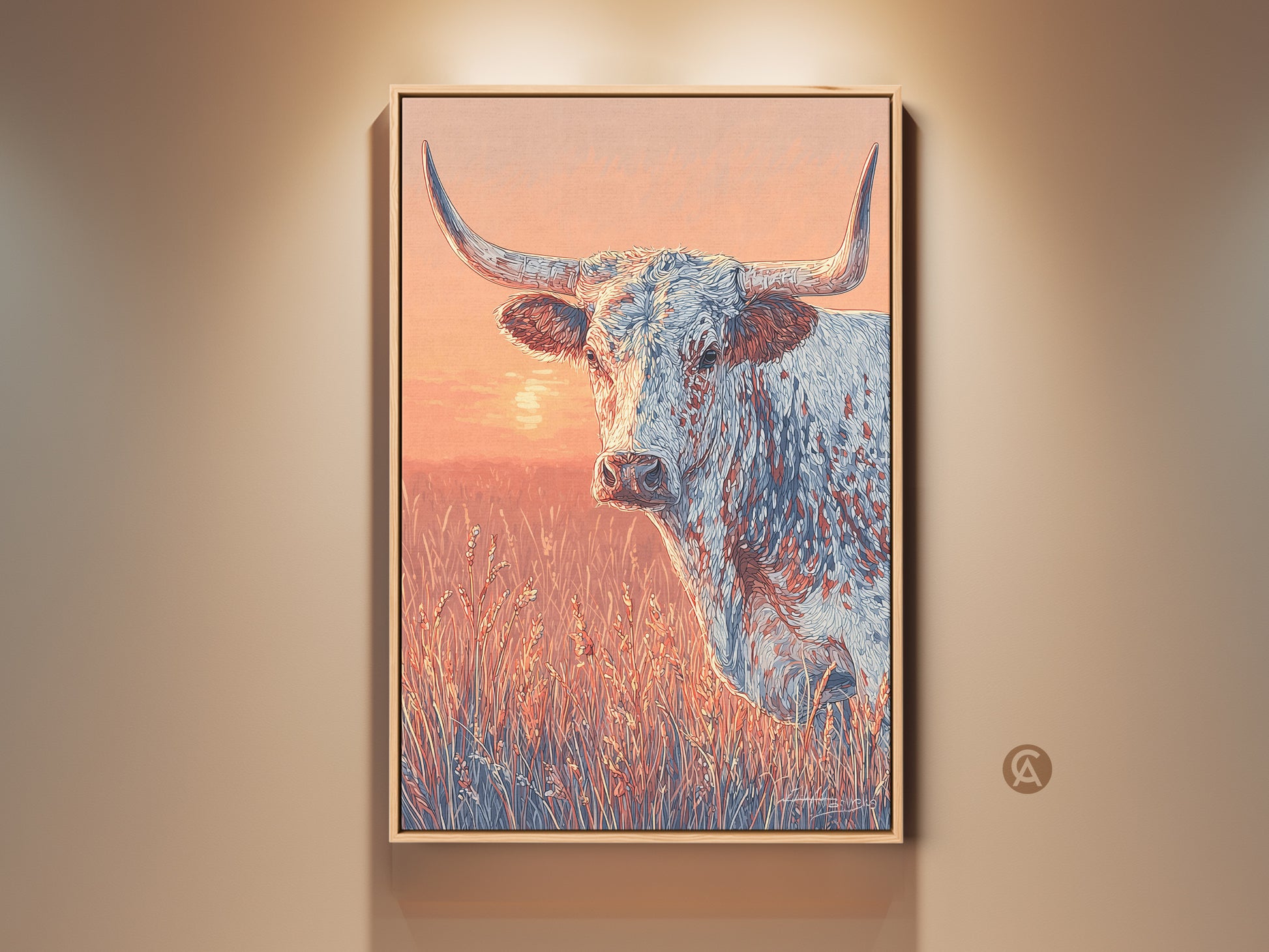 Close-up of a longhorn painting. The artwork is framed and hanging on a wall. The painting is of a longhorn in a field. The colors are warm and inviting. A great piece for western art collectors.