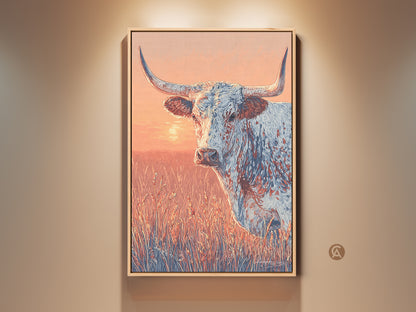 Close-up of a longhorn painting. The artwork is framed and hanging on a wall. The painting is of a longhorn in a field. The colors are warm and inviting. A great piece for western art collectors.