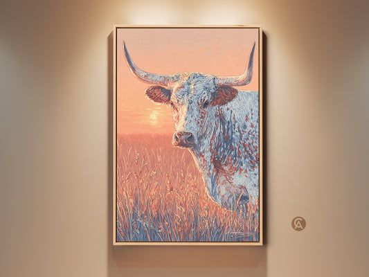 Close-up of a longhorn painting. The artwork is framed and hanging on a wall. The painting is of a longhorn in a field. The colors are warm and inviting. A great piece for western art collectors.