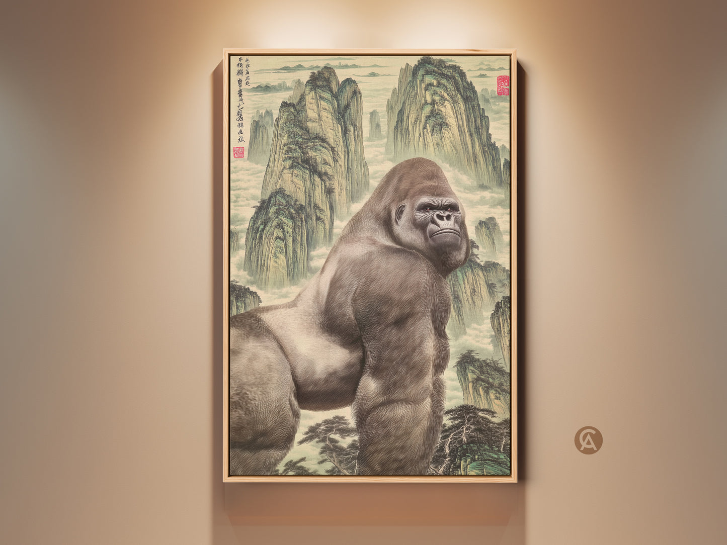 This is a mountain gorilla art print. It has a Chinese landscape painting style on canvas. This is an eclectic animal wall decor for unique home artwork. It is rendered with detail for animal subject matter and fantasy art.
