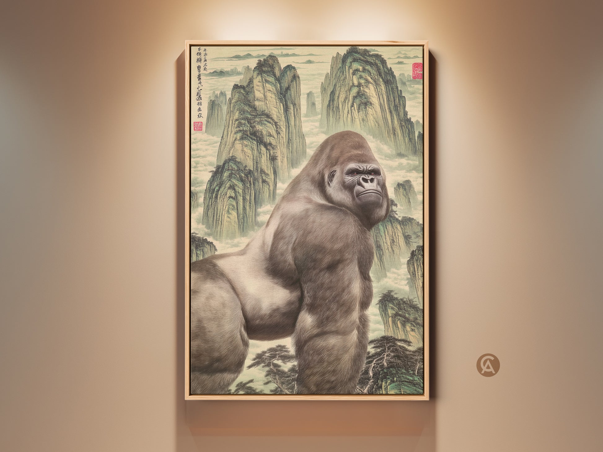 This is a mountain gorilla art print. It has a Chinese landscape painting style on canvas. This is an eclectic animal wall decor for unique home artwork. It is rendered with detail for animal subject matter and fantasy art.