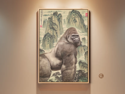This is a mountain gorilla art print. It has a Chinese landscape painting style on canvas. This is an eclectic animal wall decor for unique home artwork. It is rendered with detail for animal subject matter and fantasy art.