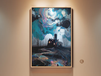 Framed surreal landscape canvas print. It features a gothic haunted house under a swirling deep blue and dark teal sky. This eclectic style home decor is perfect as office wall art. This unique gothic home art makes for a great gift.