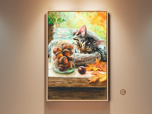 A watercolor artwork of a cat sleeping next to a jar filled with acorns. Warm autumn colors create a cozy atmosphere. Perfect art print for cat lovers and seasonal decor.