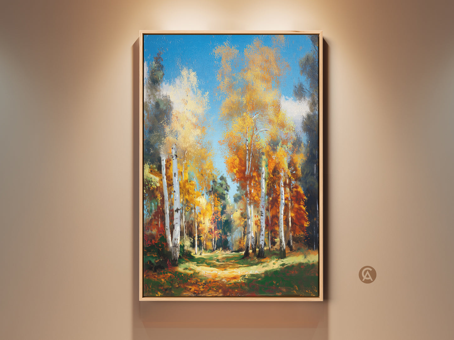 Framed birch tree art print on a wall. The landscape artwork captures a serene forest scene. Golden leaves and blue sky create a vibrant contrast. This framed art is perfect for adding natural beauty to your home decor. It is ready to hang and enjoy.