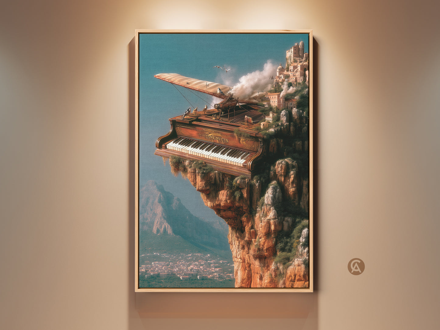 Surreal grand piano canvas art. This piece shows a steampunk city built on a cliff. The grand piano has wings and it looks ready to fly. This music wall art has a brown and teal aesthetic. Get it as a gift for the music lover in your life.