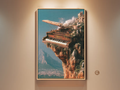 Surreal grand piano canvas art. This piece shows a steampunk city built on a cliff. The grand piano has wings and it looks ready to fly. This music wall art has a brown and teal aesthetic. Get it as a gift for the music lover in your life.
