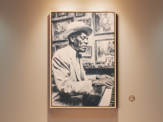 Framed art print of a jazz musician playing piano. This artwork captures the essence of jazz music. The black and white art style adds a vintage touch. Perfect for music lovers.