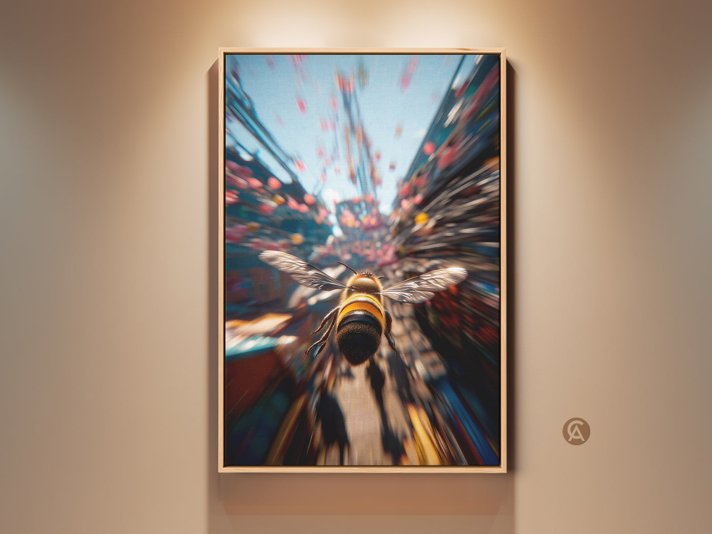 Gallery display of a bee artwork. The art shows a bee flying through a colorful abstract space. This framed artwork adds a modern touch. Perfect for nature art lovers looking to elevate their home decor.