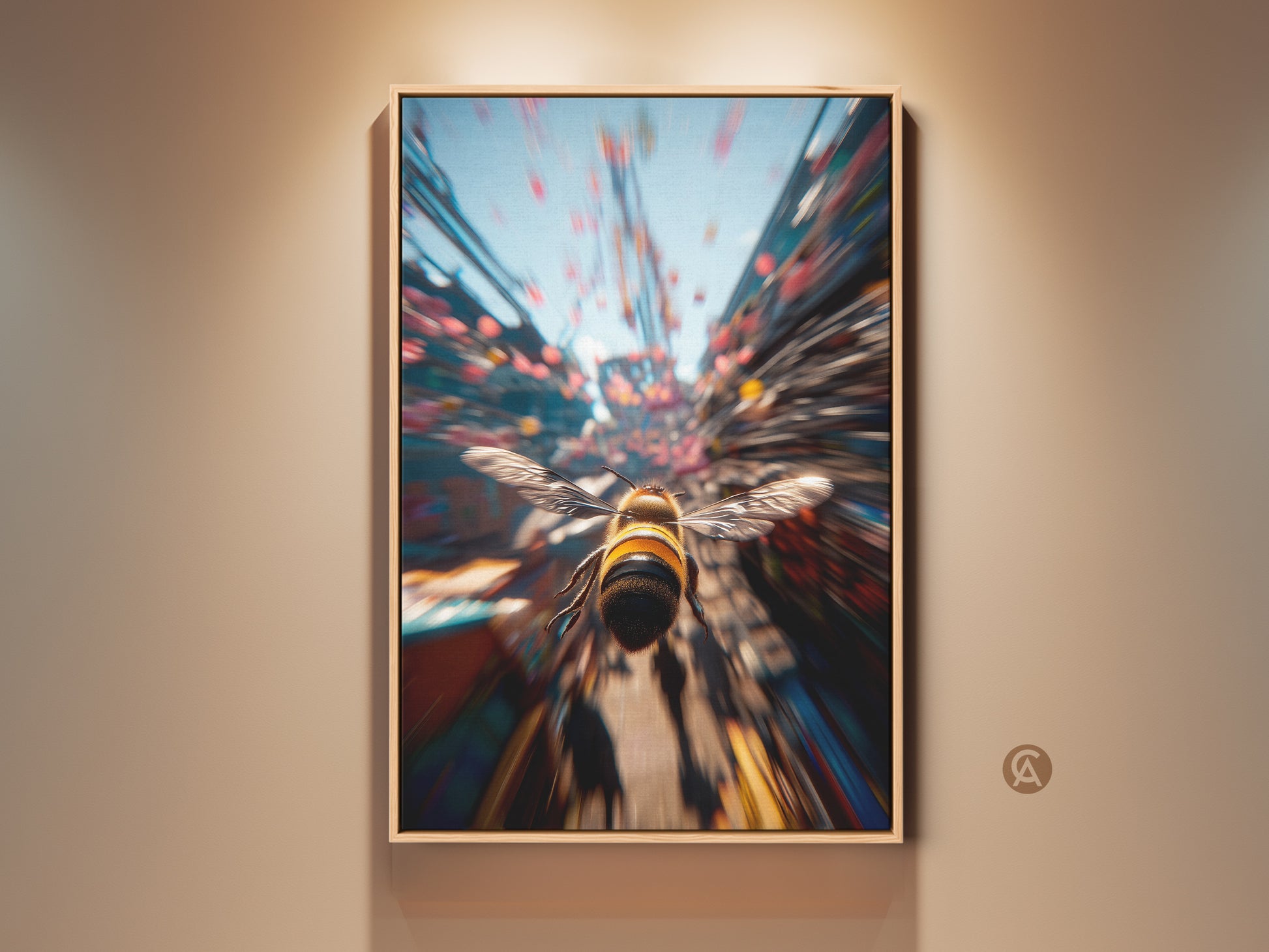Gallery display of a bee artwork. The art shows a bee flying through a colorful abstract space. This framed artwork adds a modern touch. Perfect for nature art lovers looking to elevate their home decor.