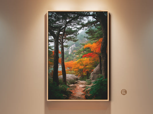 Framed autumn mountain landscape art. The serene artwork shows a path winding through vibrant fall foliage. The warm wood frame enhances the colorful nature scene. Perfect wall art for nature lovers.