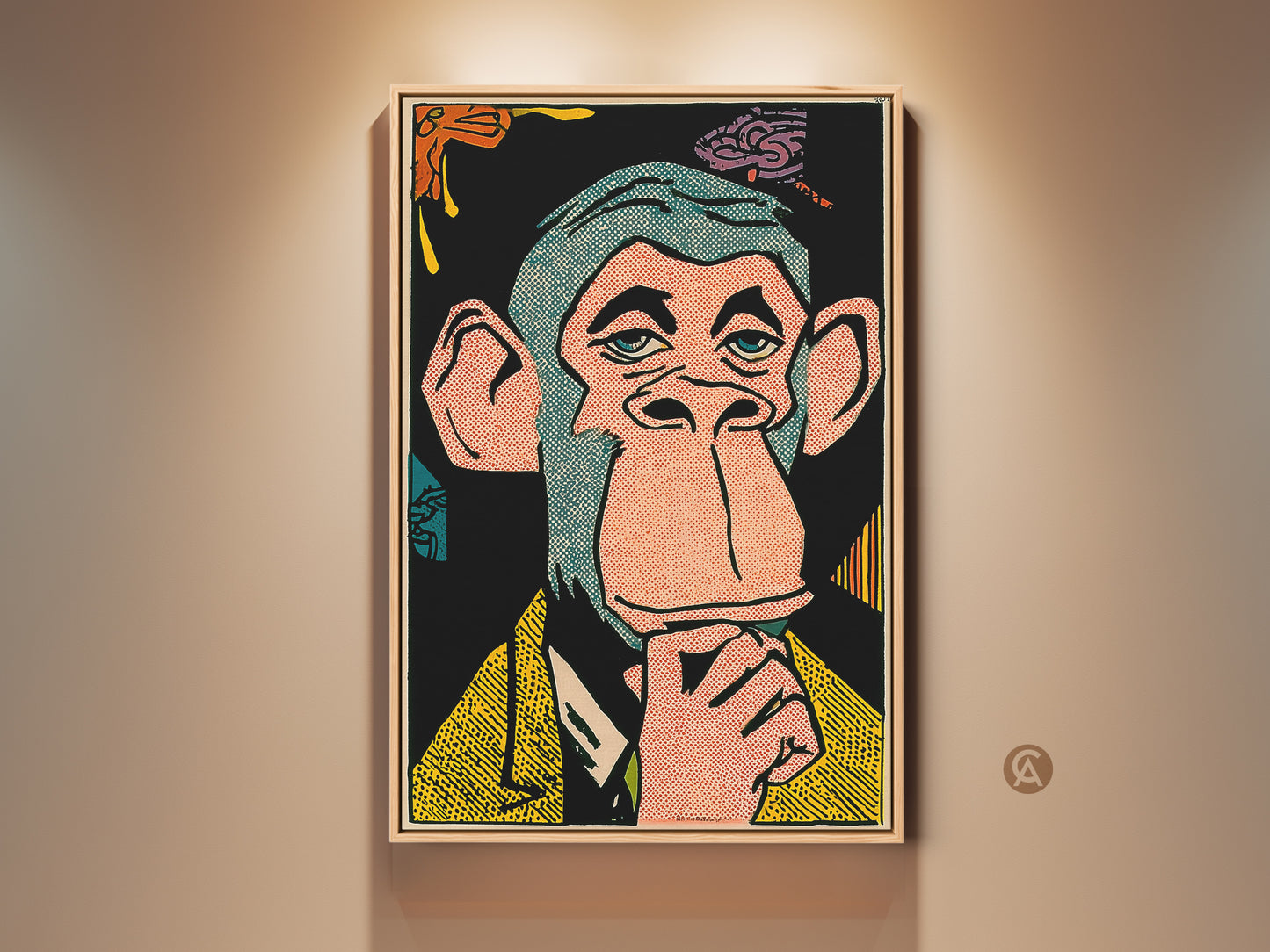 Close-up of a framed Bored Ape Yacht Club NFT artwork. The ape is depicted in a pop art style with bold colors. The artwork is displayed on a neutral wall. Perfect for NFT art collectors. This piece adds a modern touch to any space.