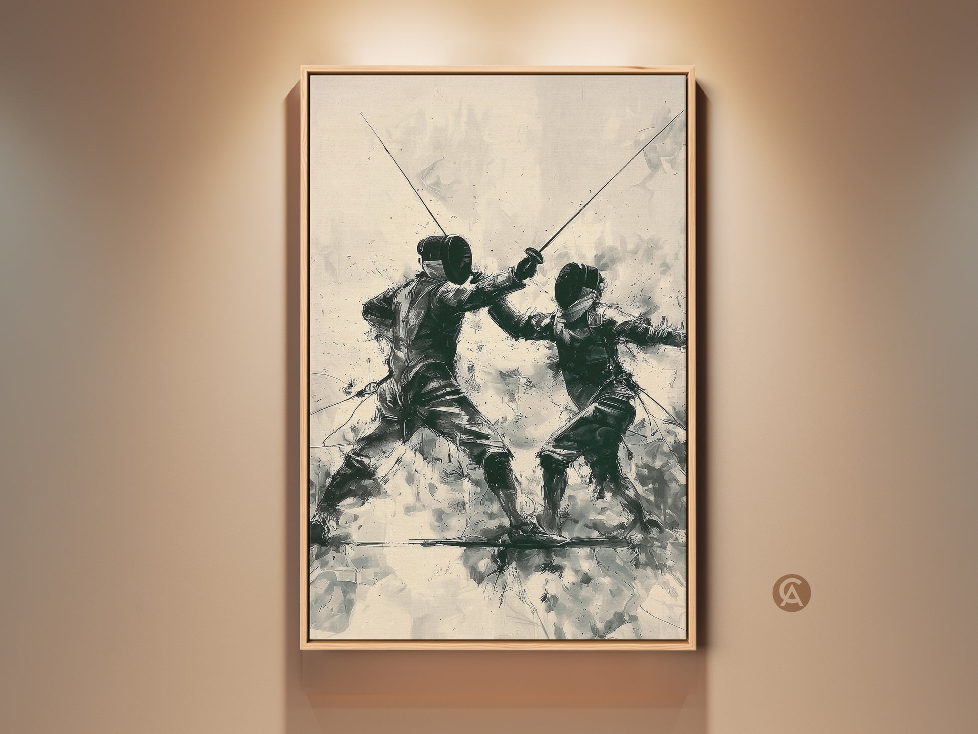 Fencing Duel Canvas Print displayed in a room setting. This modern sports wall art captures two fencers in action. The dark green beige black and white art creates a unique focal point. Perfect athlete gift or office wall decor.