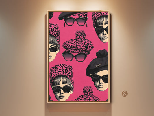 Vintage Pop Art Canvas Print. Features a woman with a leopard beret and sunglasses. Hot pink retro wall decor makes a statement. Eclectic fashion gift idea for a retro 1960s style. Add glam to any room with this chic woman artwork.
