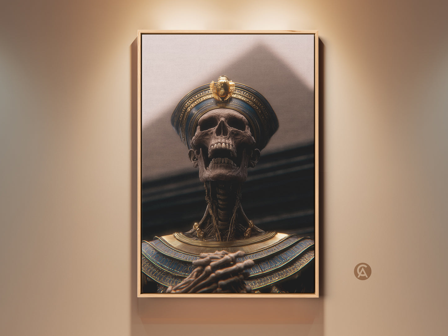 Framed gothic pharaoh skeleton art. The Ancient Egypt mythology canvas in gold and blue adds dark academia to your study. Its skeletal pharaoh print offers a unique man cave art experience. Royal tomb wall art brings an eclectic historical touch. A premium pharaoh print for your office decor or a unique gift.