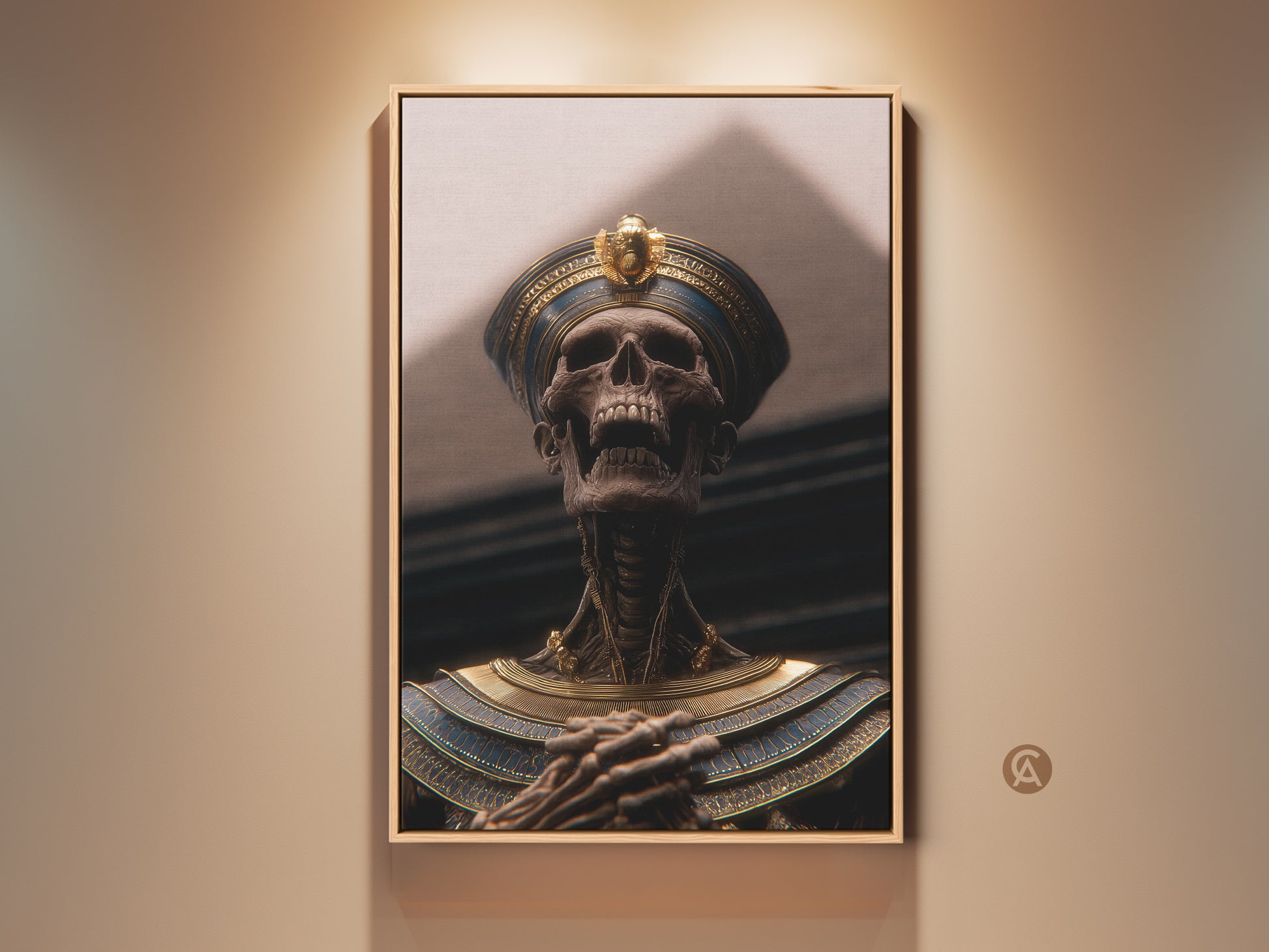 Framed gothic pharaoh skeleton art. The Ancient Egypt mythology canvas in gold and blue adds dark academia to your study. Its skeletal pharaoh print offers a unique man cave art experience. Royal tomb wall art brings an eclectic historical touch. A premium pharaoh print for your office decor or a unique gift.