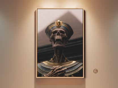 Framed gothic pharaoh skeleton art. The Ancient Egypt mythology canvas in gold and blue adds dark academia to your study. Its skeletal pharaoh print offers a unique man cave art experience. Royal tomb wall art brings an eclectic historical touch. A premium pharaoh print for your office decor or a unique gift.