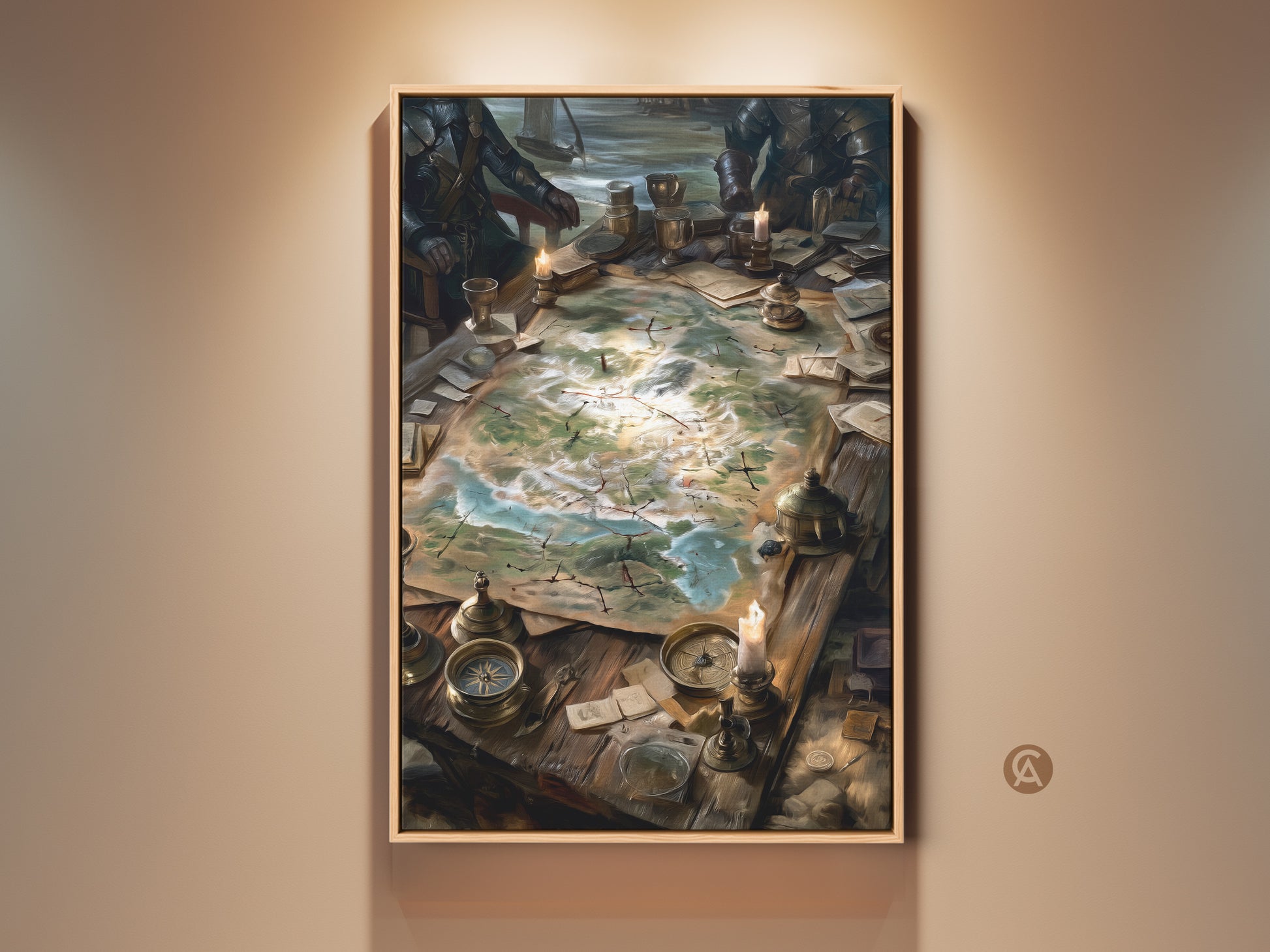 Framed artwork featuring a strategy meeting. The fantasy art depicts a detailed map. The map is spread across a table with compasses candles & goblets. Perfect decor for game rooms or study spaces. This framed art is ready to hang and enjoy.