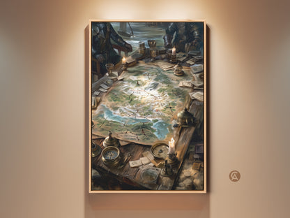 Framed artwork featuring a strategy meeting. The fantasy art depicts a detailed map. The map is spread across a table with compasses candles & goblets. Perfect decor for game rooms or study spaces. This framed art is ready to hang and enjoy.