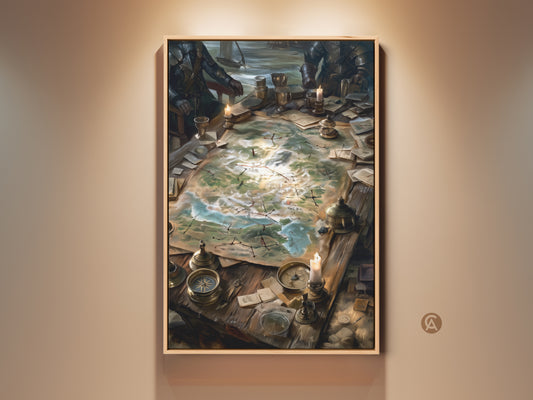 Framed artwork featuring a strategy meeting. The fantasy art depicts a detailed map. The map is spread across a table with compasses candles & goblets. Perfect decor for game rooms or study spaces. This framed art is ready to hang and enjoy.