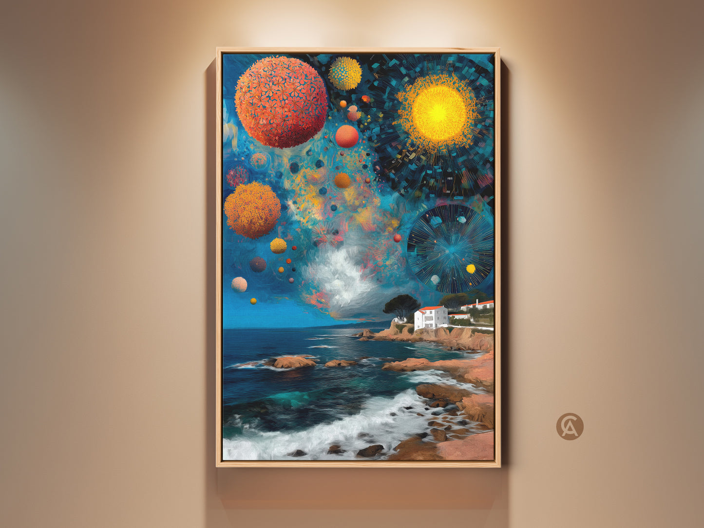 Eclectic Mediterranean villa abstract artwork features celestial orbs. Blue orange turquoise hues create a dreamlike seascape. This art print is perfect for dreamer traveler home decor. The vivid ocean waves add an artistic touch.