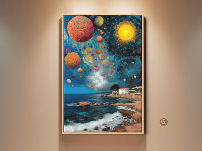 Eclectic Mediterranean villa abstract artwork features celestial orbs. Blue orange turquoise hues create a dreamlike seascape. This art print is perfect for dreamer traveler home decor. The vivid ocean waves add an artistic touch.