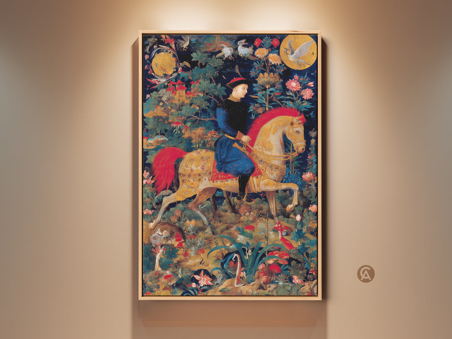 This wall art features a medieval knight tapestry art print. The knight is on horseback. The emerald green and gold colors give it a historical fantasy feel. It is perfect eclectic wall decor for a study room. The ornate border adds a regal touch. Consider this classic wall hanging as a unique housewarming gift.