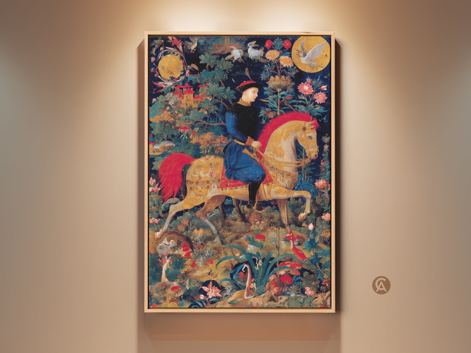 This wall art features a medieval knight tapestry art print. The knight is on horseback. The emerald green and gold colors give it a historical fantasy feel. It is perfect eclectic wall decor for a study room. The ornate border adds a regal touch. Consider this classic wall hanging as a unique housewarming gift.