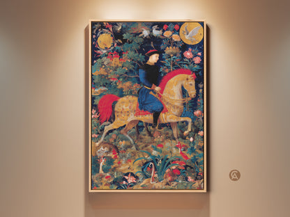 This wall art features a medieval knight tapestry art print. The knight is on horseback. The emerald green and gold colors give it a historical fantasy feel. It is perfect eclectic wall decor for a study room. The ornate border adds a regal touch. Consider this classic wall hanging as a unique housewarming gift.