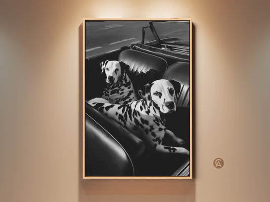 Monochrome dalmatian dogs art print in a wooden frame. This artwork shows two spotted dogs in a vintage convertible. It is perfect eclectic wall decor and a thoughtful housewarming gift for pet owners and car enthusiasts.