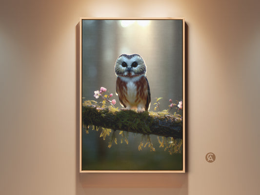 Rustic Owl wall art in a wood frame. It shows a photorealistic owl perched on a mossy branch. Pink flowers add a touch of color. A bird lover gift idea for cozy bedroom wall art.