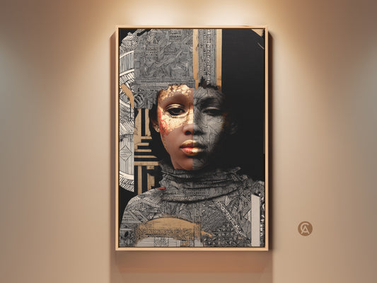 Abstract Gold Woman Art Print in a frame. This Afrofuturism portrait is a stunning piece of eclectic mixed media wall decor. The black and white artwork features intricate geometric patterns and gold accents. This canvas adds modern elegance to any room.