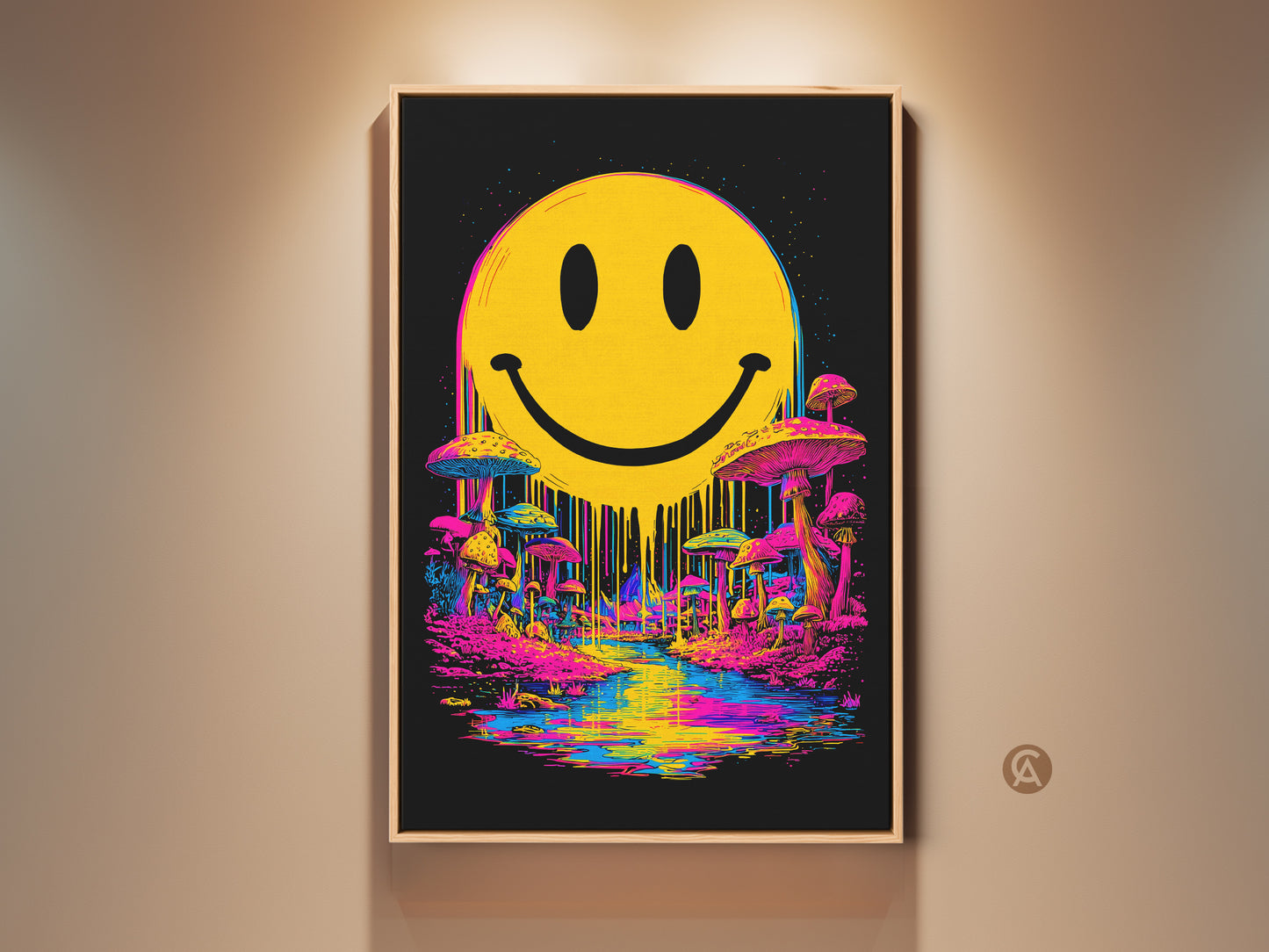 Framed smiley face art print. The artwork features a vivid yellow smiley face above a dreamscape of colorful mushrooms and a reflective river. This framed wall art adds a pop of color and whimsy to any room. Perfect for adding a touch of surrealism to your home decor