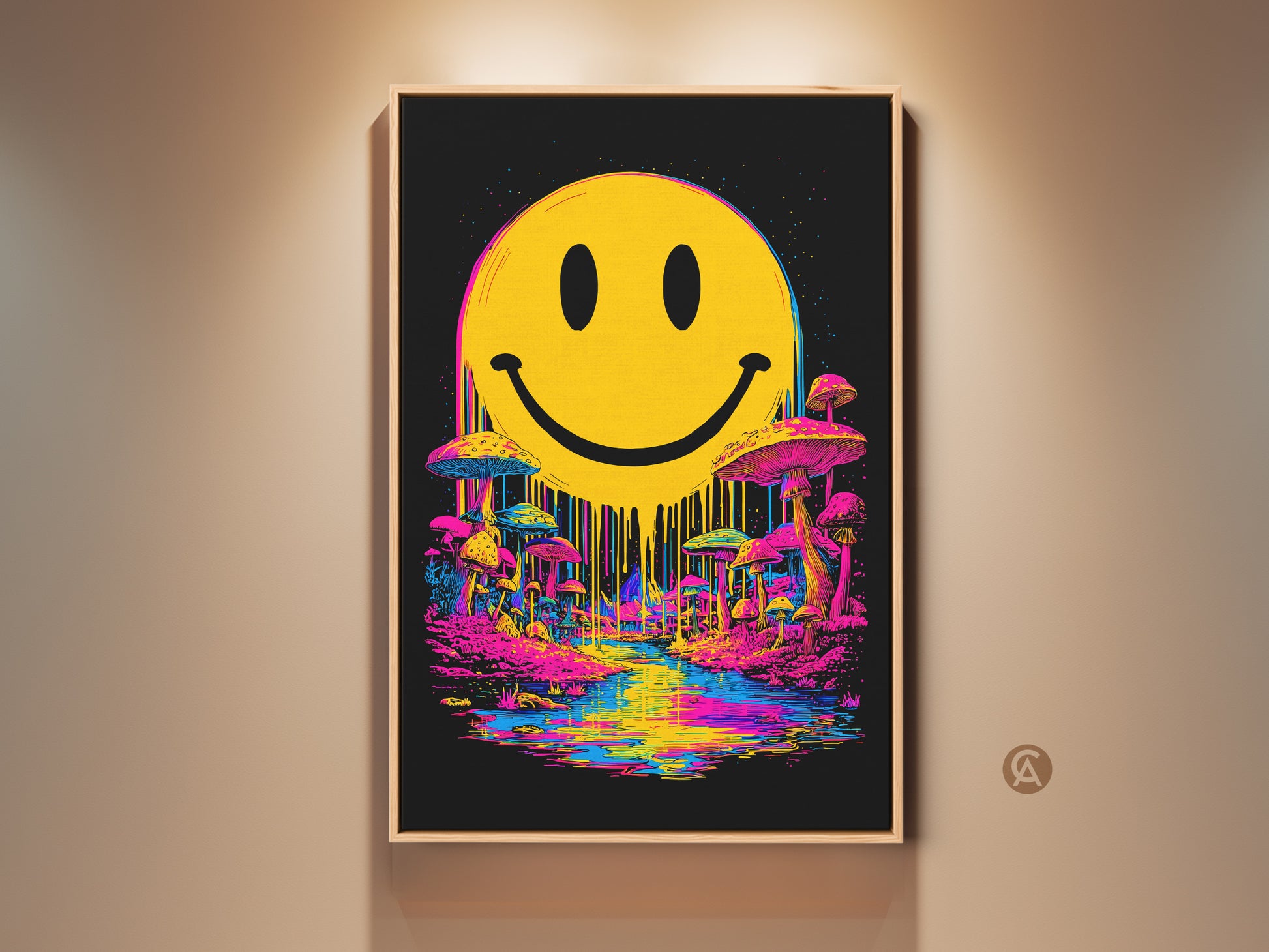 Framed smiley face art print. The artwork features a vivid yellow smiley face above a dreamscape of colorful mushrooms and a reflective river. This framed wall art adds a pop of color and whimsy to any room. Perfect for adding a touch of surrealism to your home decor