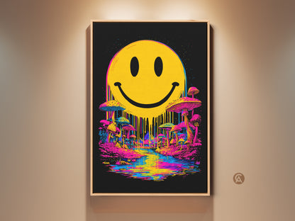 Framed smiley face art print. The artwork features a vivid yellow smiley face above a dreamscape of colorful mushrooms and a reflective river. This framed wall art adds a pop of color and whimsy to any room. Perfect for adding a touch of surrealism to your home decor