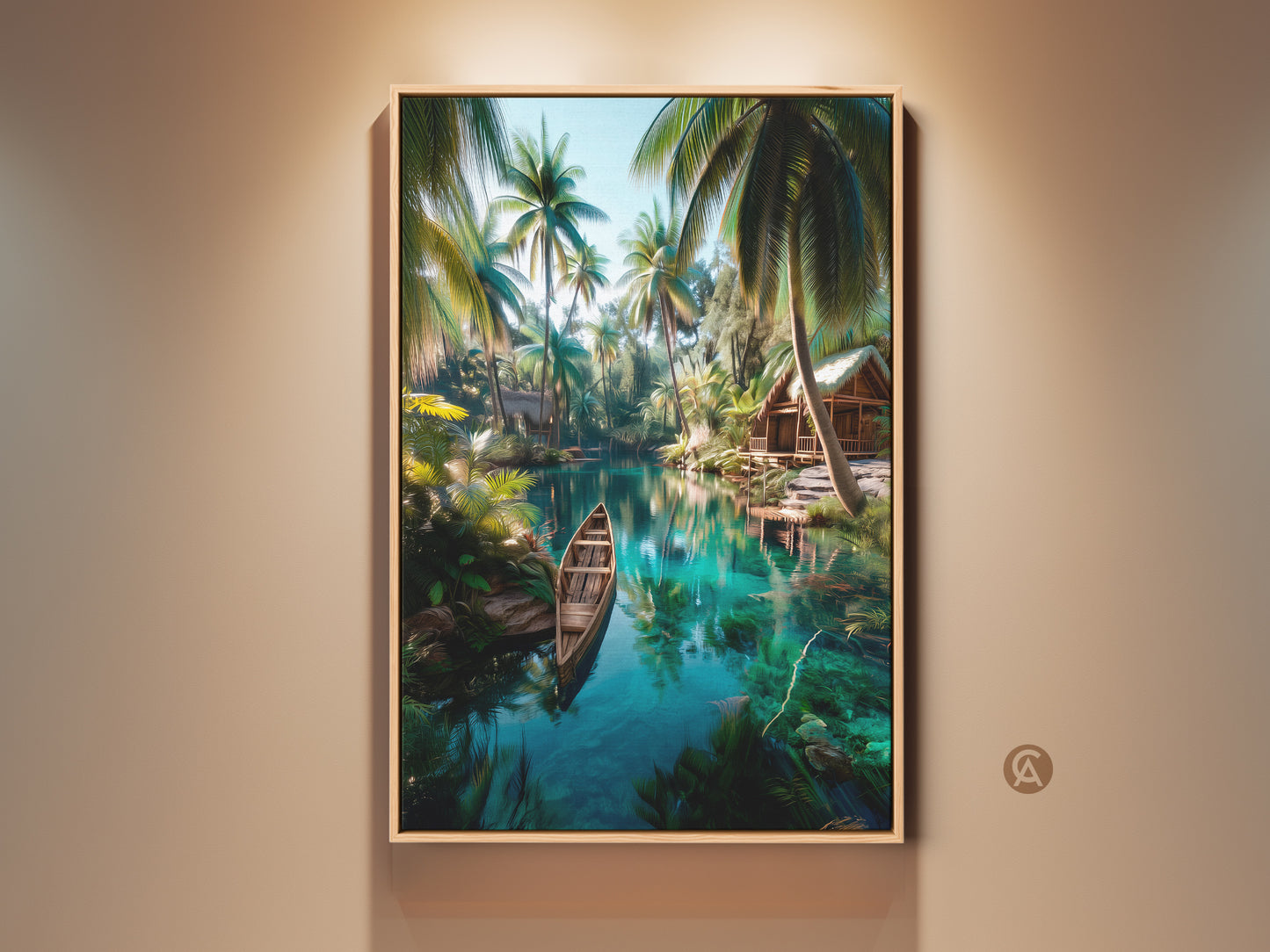 Framed tropical island landscape art print. Features a serene lagoon scene with a wooden boat and palm trees. This tranquil artwork brings nature indoors. Perfect wall decor for a calming atmosphere.