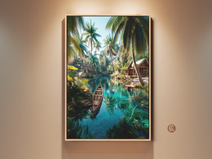 Framed tropical island landscape art print. Features a serene lagoon scene with a wooden boat and palm trees. This tranquil artwork brings nature indoors. Perfect wall decor for a calming atmosphere.