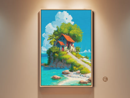 Framed island art print. The digital artwork shows a small house on a tropical island. The painting features vibrant blues & greens. Shop framed tropical island house art for your home decor. This wall art enhances any room with a coastal vibe. The frame adds a polished look.