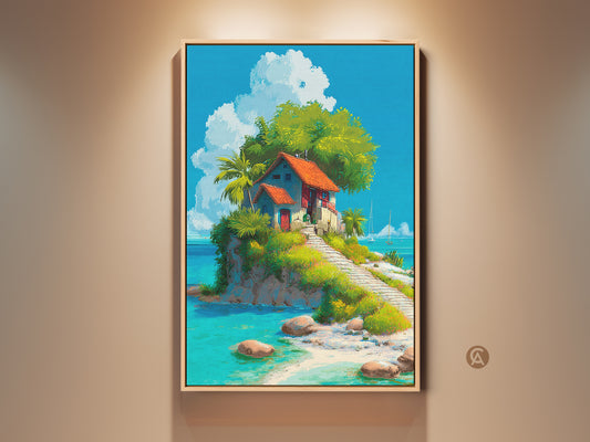 Framed island art print. The digital artwork shows a small house on a tropical island. The painting features vibrant blues & greens. Shop framed tropical island house art for your home decor. This wall art enhances any room with a coastal vibe. The frame adds a polished look.
