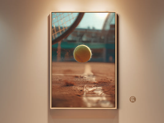 Framed tennis ball artwork. A striking close-up captures a tennis ball frozen in motion above the court line. The golden frame enhances the artwork's warm tones. It is perfect for sports enthusiasts. Add a touch of athletic energy to your space with this framed canvas.