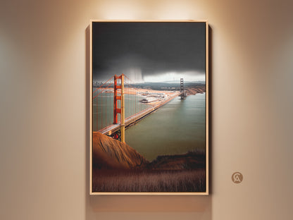 Experience San Francisco with this Golden Gate Bridge canvas art. The artwork features burnt orange and teal hues. See a photorealistic cityscape view. Perfect for modern home decor or a thoughtful travel gift.