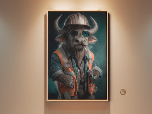 A surrealist buffalo construction worker art print is framed and hanging on a wall. This humorous digital wall art would be great for an office or eclectic home decor. It makes a unique gift for tradesmen. The artisan digital painting has teal orange brown accents. The animal-themed artwork will add workplace personality to any space.