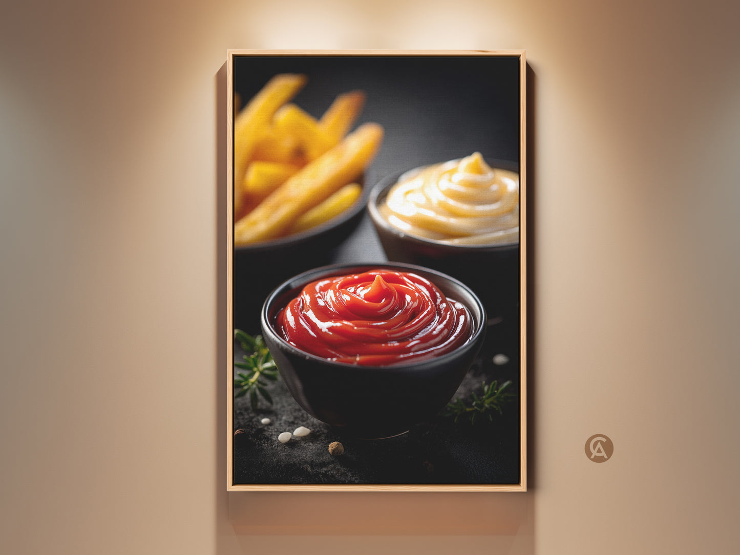 Modern food photography art print featuring ketchup mayo and fries. This canvas wall art is perfect for the kitchen. Its red orange and yellow hues bring a fun touch to any foodie's home decor. A delightful gift for home bakers and condiment enthusiasts looking for casual dining wall art.