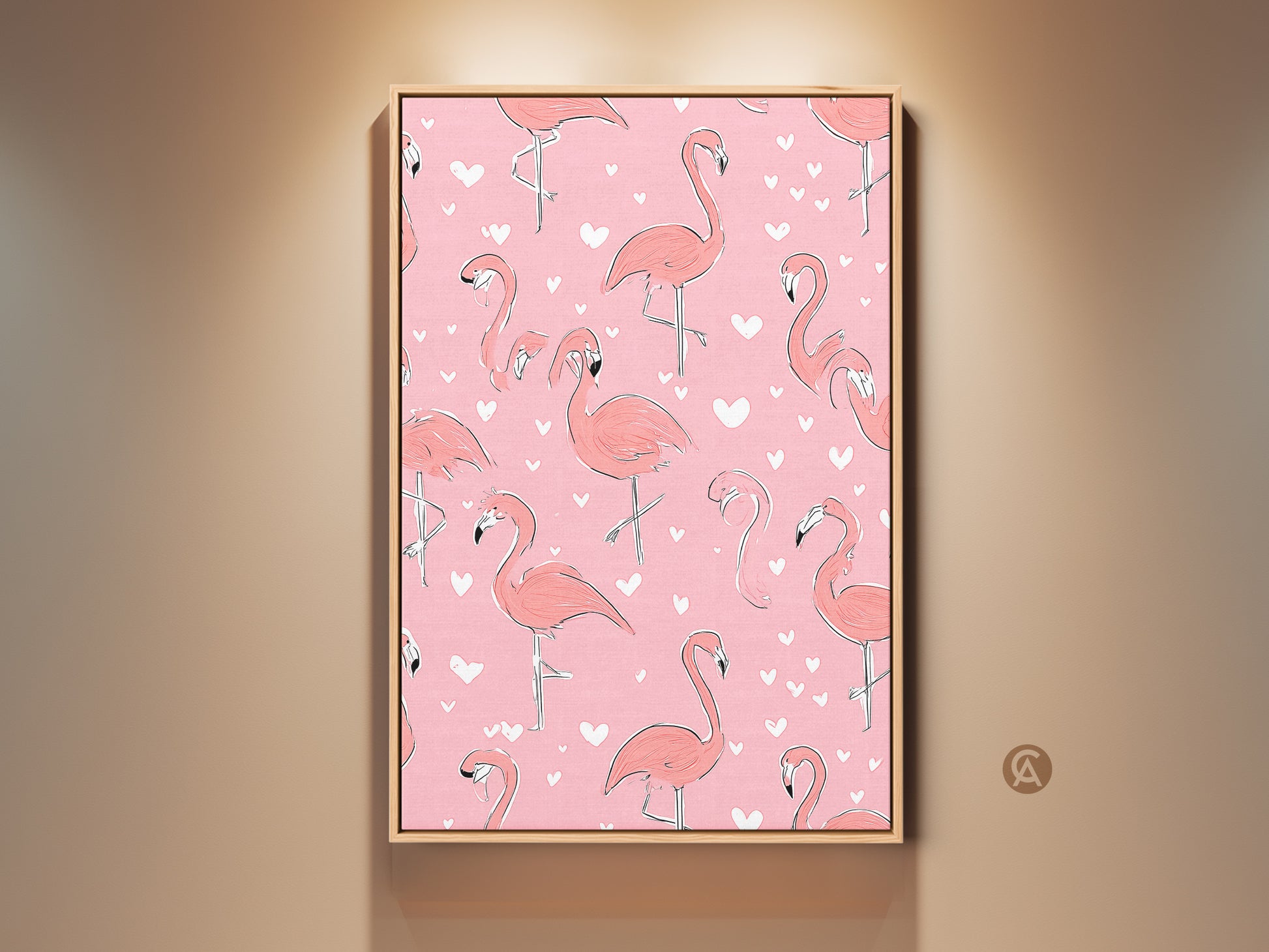 Framed coral pink flamingo art print on a wall. Boho heart pattern artwork adds a cute touch. Perfect animal artwork gift for a nursery or bedroom. This playful artwork brightens any room. A sweet gift for flamingo lovers seeking unique boho decor.