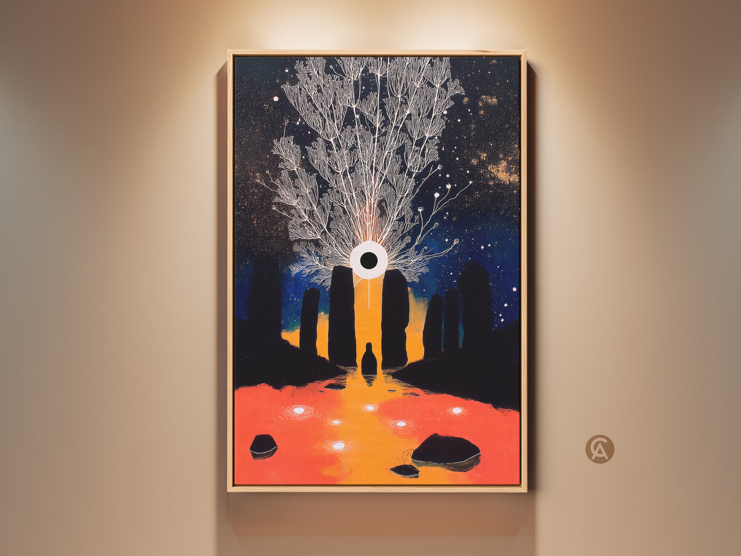 Surreal Tree of Life & Eye artwork on canvas. Features a cosmic night sky with dark blue & gold hues. This mystical fantasy wall art adds an eclectic touch. The orange reflection creates a dreamy ambiance. Ideal bedroom decor for stargazers. A unique housewarming gift or spiritual eye print.