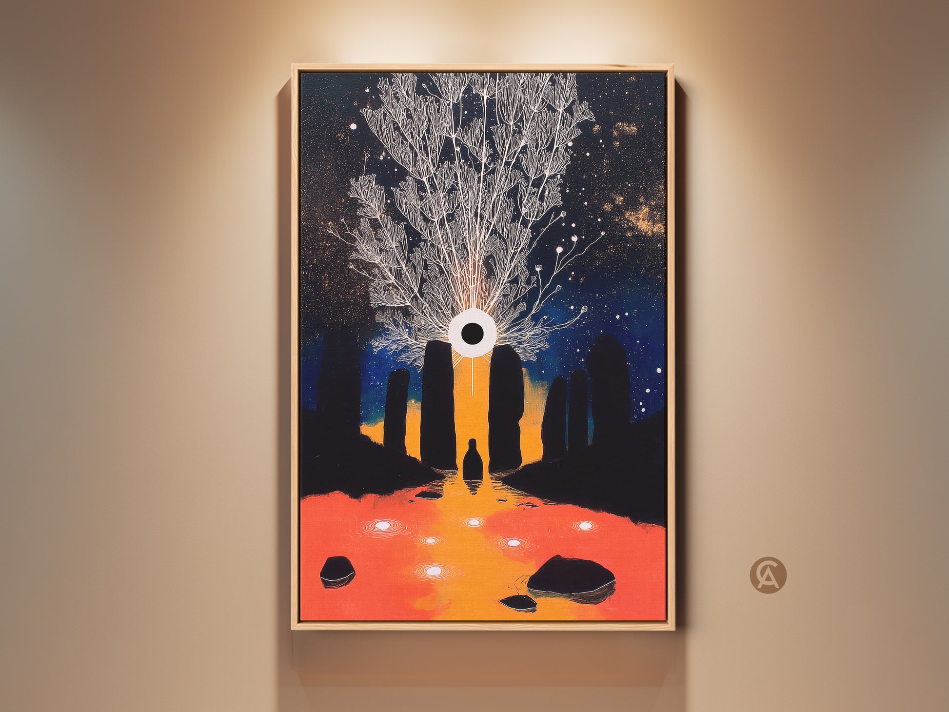 Surreal Tree of Life & Eye artwork on canvas. Features a cosmic night sky with dark blue & gold hues. This mystical fantasy wall art adds an eclectic touch. The orange reflection creates a dreamy ambiance. Ideal bedroom decor for stargazers. A unique housewarming gift or spiritual eye print.