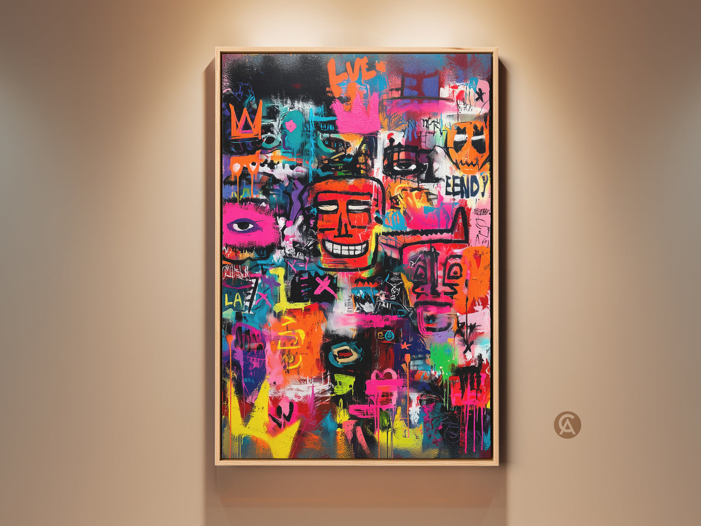 Eye-catching graffiti artwork on canvas. The painting features a vibrant mix of colors and abstract figures. Its street art style makes it a bold statement piece. Perfect for adding urban flair to any space. Shop now for unique graffiti art.