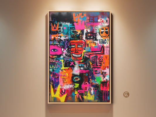 Eye-catching graffiti artwork on canvas. The painting features a vibrant mix of colors and abstract figures. Its street art style makes it a bold statement piece. Perfect for adding urban flair to any space. Shop now for unique graffiti art.