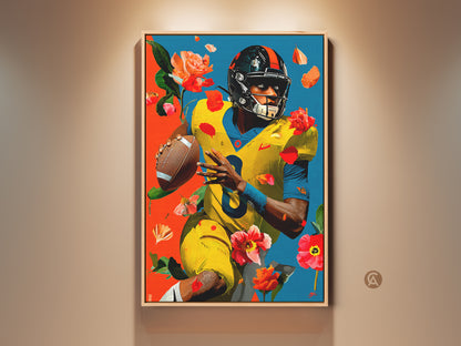 Vibrant american football art print. It features a floral design in yellow and blue. This modern canvas wall art is ideal sports decor. It's the perfect office art and a thoughtful gift for a fan. Enjoy the blend of sport and nature in this unique artwork.