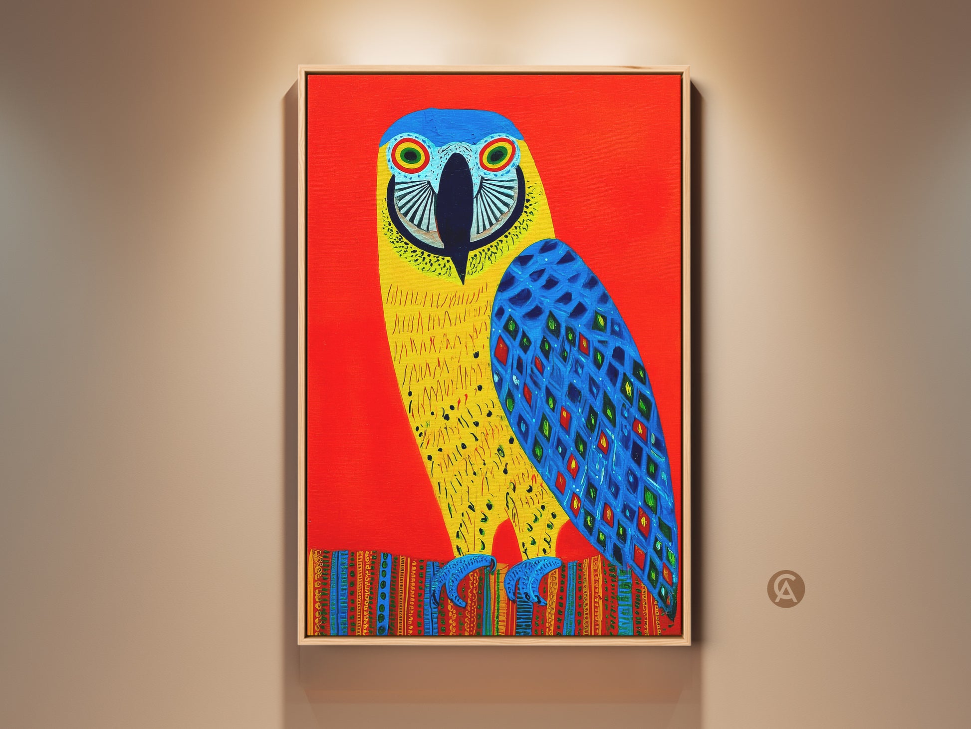 Vibrant folk art macaw parrot canvas print. This tropical bird wall artwork features bold yellow blue and red hues. Ideal eclectic decor brings exotic charm to any space. A perfect bird lover gift.